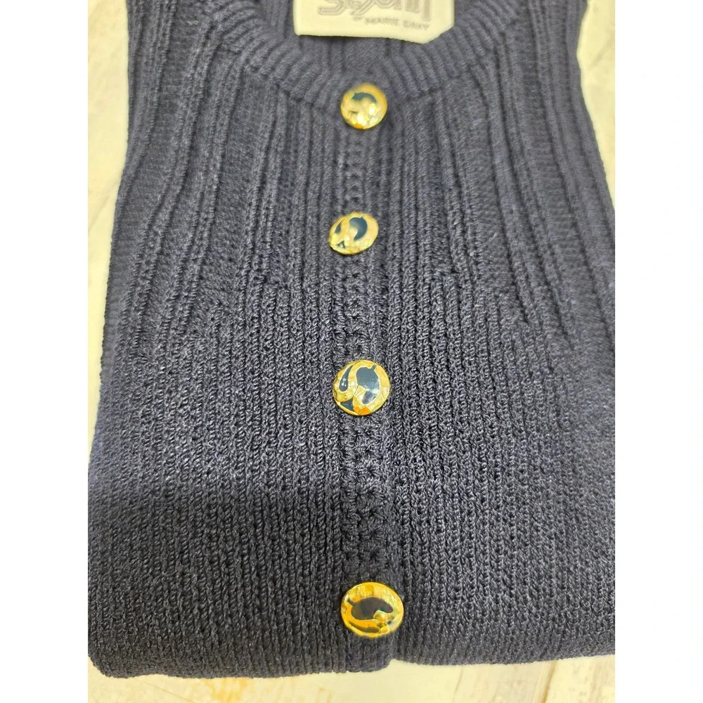 St John Marie Gray Navy Blue Knit Skirt Suit Gold Enamel Button Set Womens READ